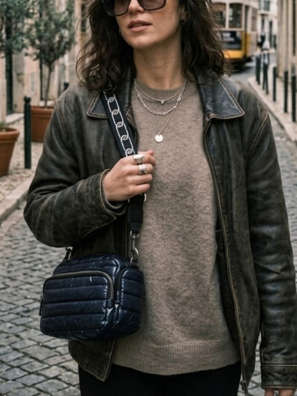 Think Royln Almost Famous Navy Patent Puffer Crossbody Camera Bag Chain Strap